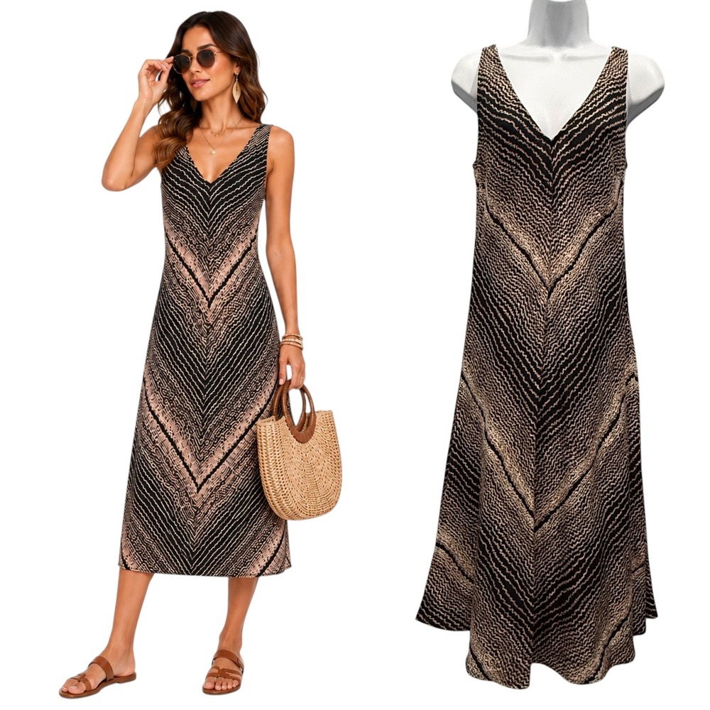St Tropez West 100% Linen Midi Dress Abstract Animal Print Sz 4 Boho Chic Resort